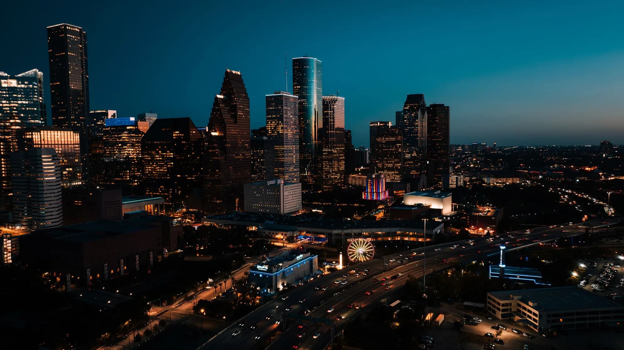 The downtown Houston skyline at dusk